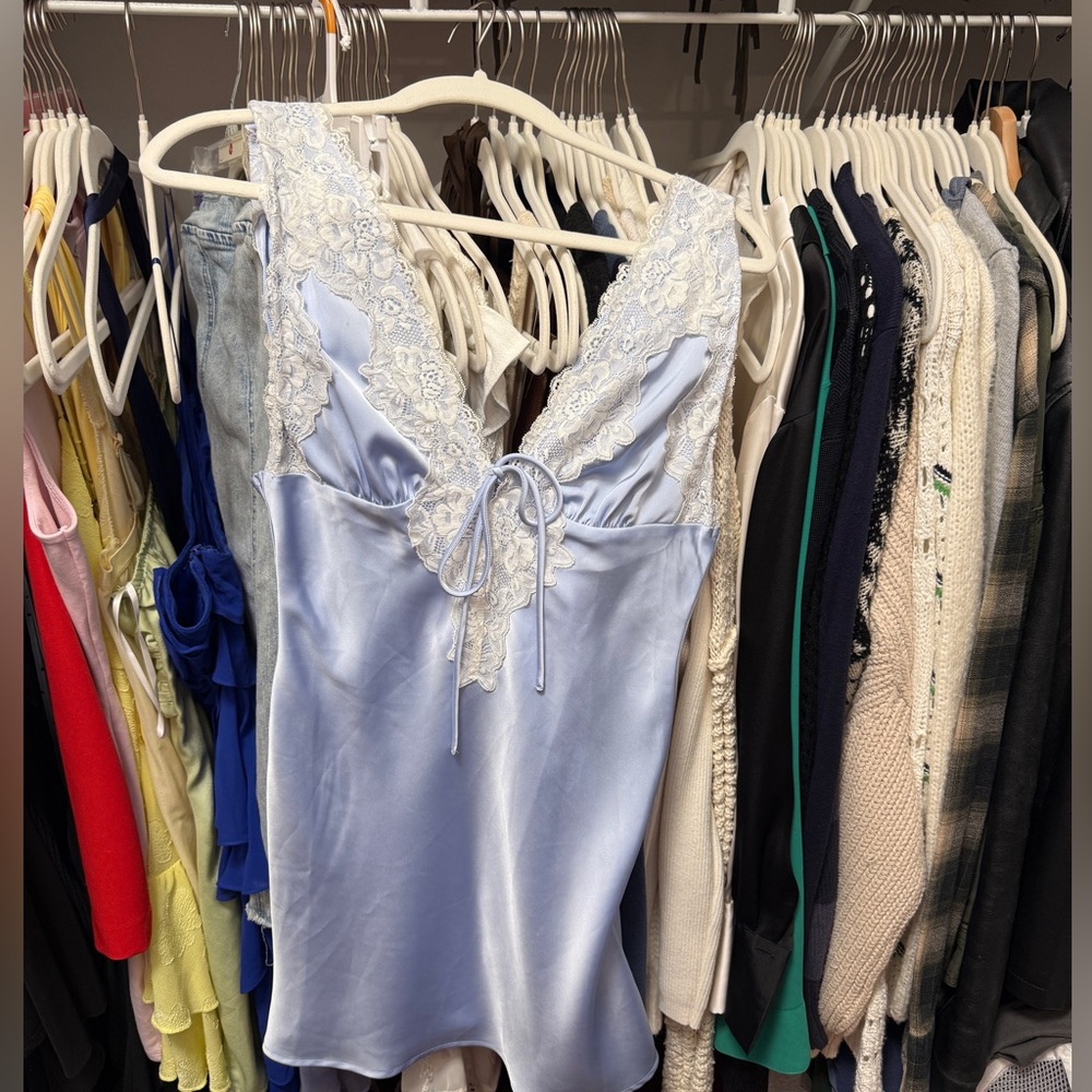 Princess Polly Light Blue Satin Lace-Trim Slip Dress - Picture 3 of 5